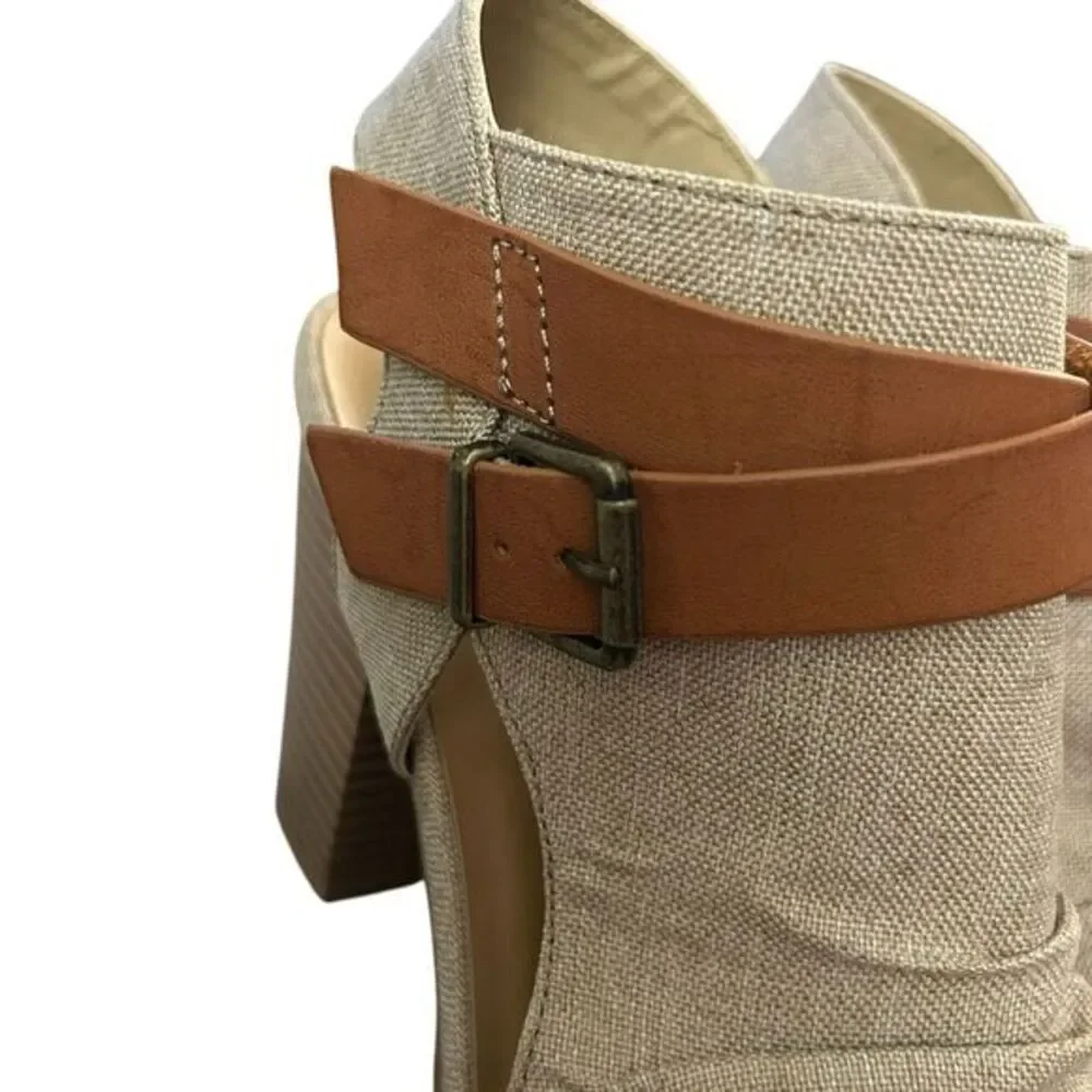 Soda Shoes Womens 7.5 Peep Toe Buckle Booties Linen Tan Stacked Heel Coastal New